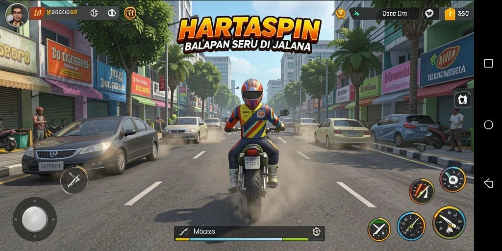 Tangkapan layar menampilkan gameplay seru di HARTASPIN dengan mobil balap di trek.