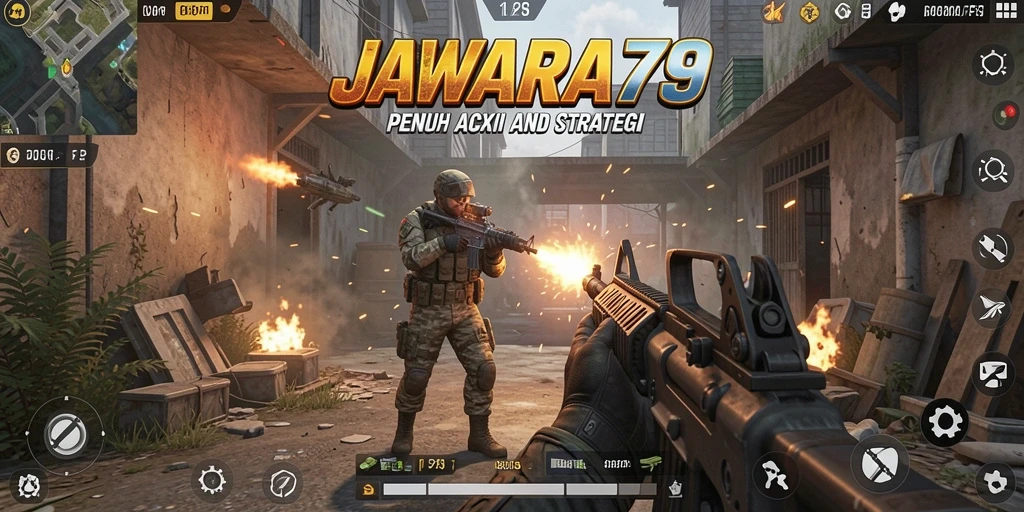 Screenshot gameplay utama JAWARA79 menampilkan aksi FPS yang mendebarkan.