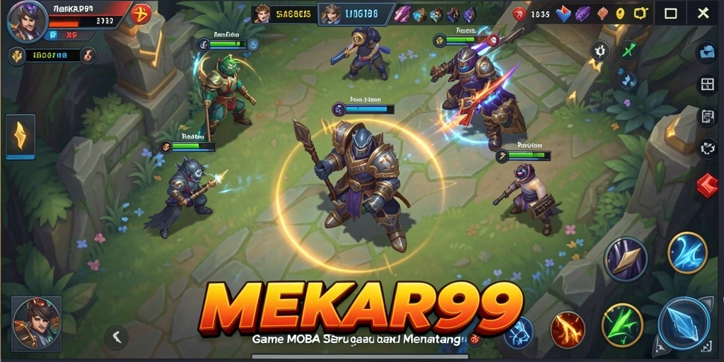 Tampilan gameplay seru MEKAR99 dengan pertarungan hero MOBA.