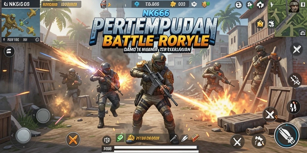 Tangkapan layar utama NK666 menampilkan aksi pertarungan Battle Royale yang intens.