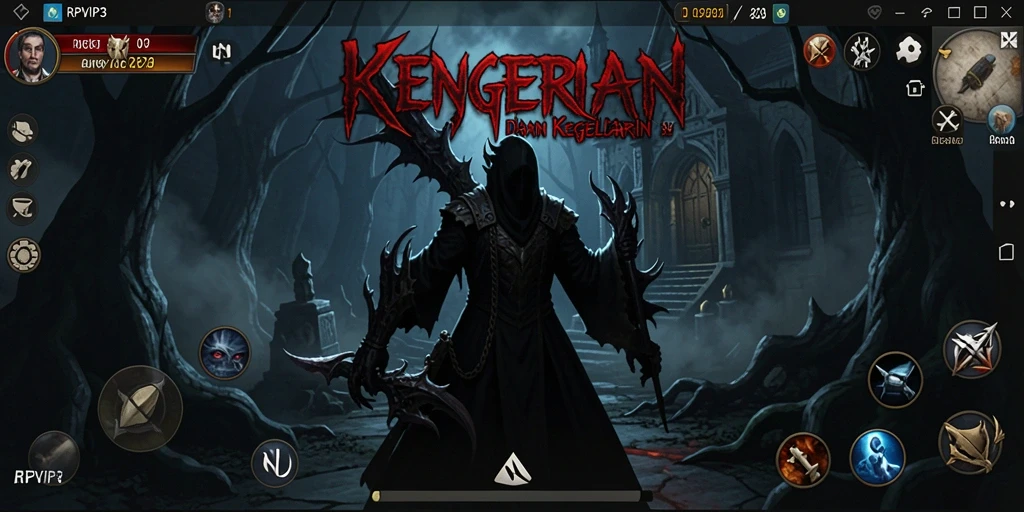 Screenshot RPVIP3 menampilkan karakter menghadapi makhluk menakutkan dalam kegelapan.