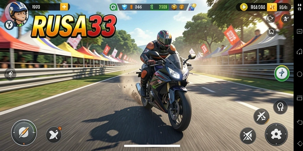 Tampilan seru gameplay RUSA33 dengan balapan motor yang menegangkan.