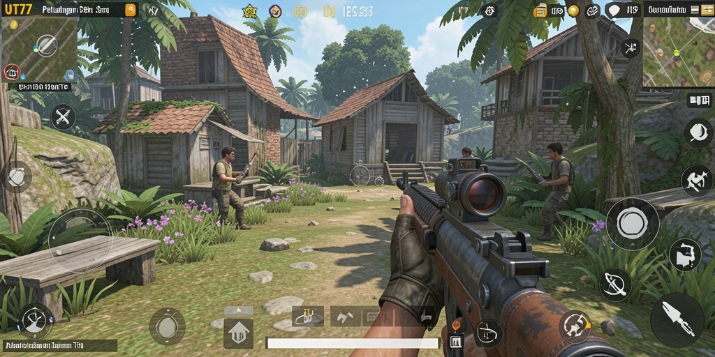 Screenshot gameplay UT77 menampilkan pertempuran intens dalam dunia TPS.